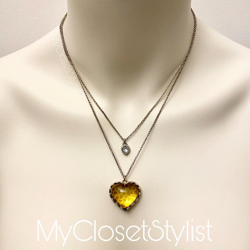 BETSEY Johnson LARGE Lucite Heart Crystal Double Gold Necklace